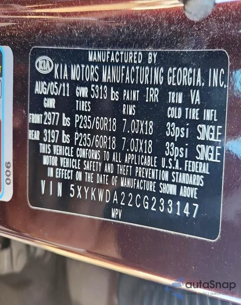 2012 Kia Sorento Sx z USA, uszkodzony, nr VIN 5XYKWDA22CG233147